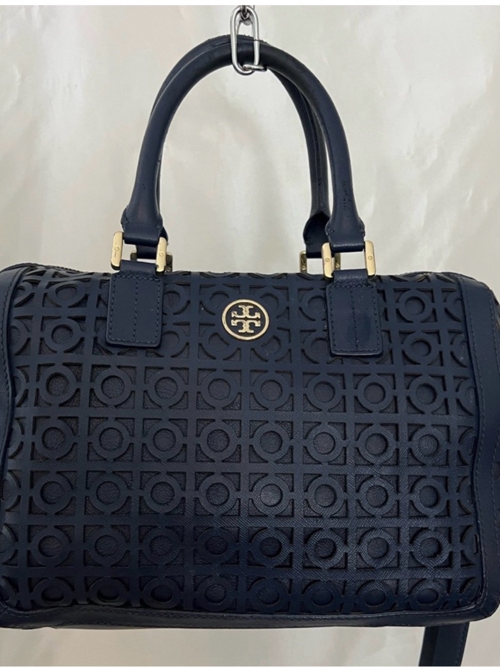 Tory Burch Navy Perforated Logo Satchel with Gold Hardware (REHAB)